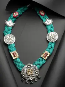 Moedbuille Silver-Plated Kundan Studded Antique Design Oxidised Bohemian Jute Necklace