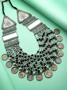 Moedbuille Silver-Plated Beaded Mirrors Antique Tribal Oxidised Layered Picture Necklace