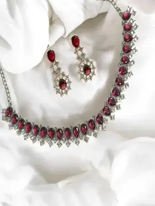 AccessHer Silver Plated American Diamond Studded Necklace and Earrings With Maang Tika