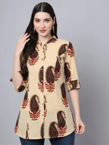 BAESD Paisley Printed Mandarin Collar Roll-Up Sleeves Cotton Shirt Style Top