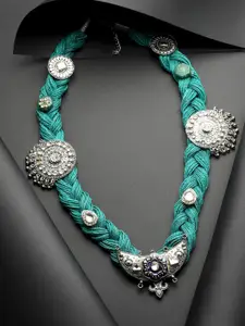 Moedbuille Silver-Plated Stone Studded Antique Design Oxidised Bohemian Jute Necklace