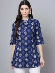 BAESD Women Floral Print Mandarin Collar Roll-Up Sleeves Ethnic Cotton Shirt Style Top
