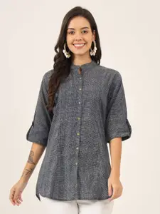 BAESD Women Floral Printed Mandarin Collar Roll-Up Sleeves Ethnic Cotton Top