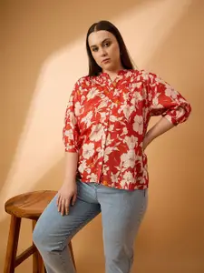 all about you Plus Size Floral Printed Mandarin Collar Puff Sleeve Top