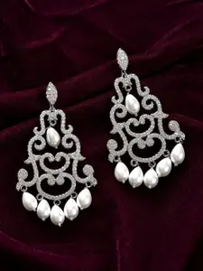 Voylla Rhodium-Plated American Diamond Floral Drop Earrings