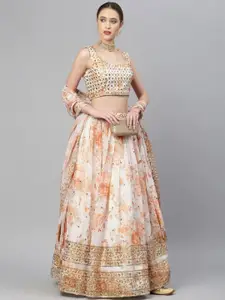 FABPIXEL Embroidered Sequinned Shibori Semi-Stitched Lehenga & Unstitched Blouse Set