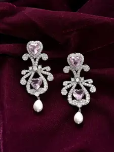 Voylla Royal Romance Rhodium-Plated Brass American Diamond Heart Shaped Drop Earrings