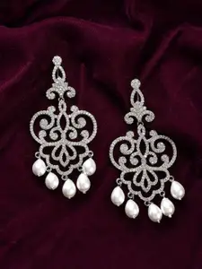 Voylla Rhodium-Plated Brass American Diamond Floral Drop Earrings