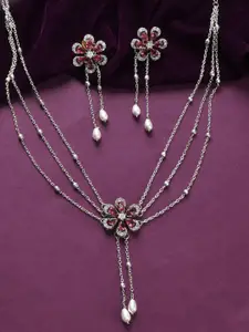 Voylla Rhodium-Plated American Diamond Studded Royal Romance Fluer Necklace Jewellery Set