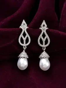 Voylla Royal Romance Rhodium-Plated Brass American Diamond Teardrop Shaped Drop Earrings