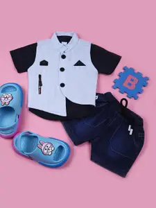 V-Mart Boys Colourblocked Short Sleeves Pure Cotton Shirt With Shorts