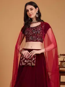 Kinjo Embroidered Sequinned Velvet Semi-Stitched Lehenga & Unstitched Blouse With Dupatta