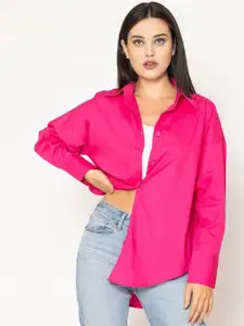 WHY SO FAB Women Relaxed Oversized Fit Spread Collar Solid Cotton Casual Shirt