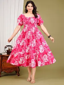 BAESD Women Floral Printed Puff Sleeves Fit & Flare Midi Dress