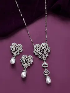 Voylla Rhodium-Plated American Diamond Studded Royal Romance Mary Necklace Jewellery Set