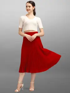 ZWERLON Women Accordion Pleats Slip On Linen Midi Skirt