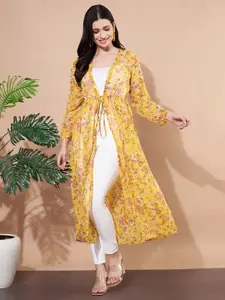 ANVI Be Yourself Floral Printed Yellow Gathered Front Open Chiffon Longline Shrug