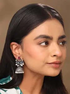 Yellow Chimes Silver-Plated Stone Studded & Beaded Oxidized Floral Dome Shaped Jhumkas