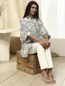 Biba Women Standard Fit Spread Collar Floral Printed Oversized Cotton Casual Shirt