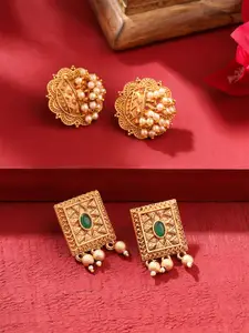 Yellow Chimes Set of 2 Gold-Plated Stone Studded & Beaded Contemporary Studs Earrings