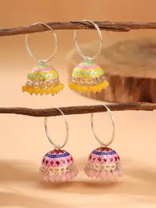Yellow Chimes Set of 2 Gold-Plated Beaded Dome Shaped Meenakari Hoop Jhumkas