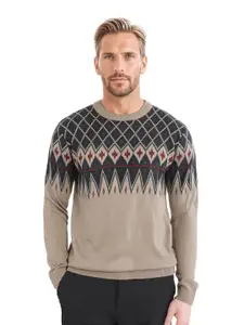RARE RABBIT Men Printed Kezeck Light Brown Pullover Sweater
