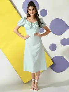 DressBerry Polka Dot Print Puff Sleeve A-Line Maxi Dress