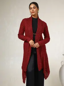 Soch Maroon Self Design Acrylic Longline Open Front Shrug