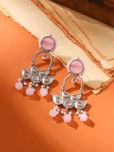 Yellow Chimes Silver-Plated Stone Studded & Beaded Contemporary Oxidised Drop Earrings