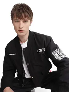 RARE RABBIT Men Stand Collar Typography Printed Casual Bomber Jacket