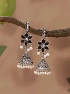 Yellow Chimes Silver-Plated Stone Studded & Beaded Oxidized Floral Dome Shaped Jhumkas