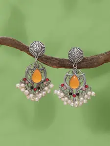 Yellow Chimes Silver-Plated Monalisa Studded & Beaded Contemporary Drop Earrings