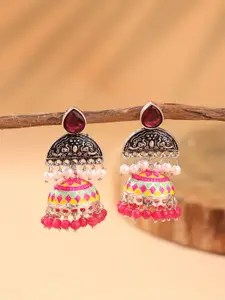 Yellow Chimes Silver-Plated Stone Studded & Pearls Beaded Oxidized Dome Shaped Jhumkas