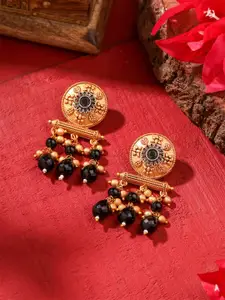 Yellow Chimes Gold Plated American Diamond Studded & Beaded Contemporary Drop Earrings