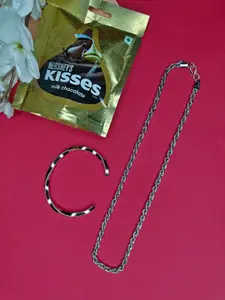 NVR Men's Silver-Plated Stainless Steel Chain and Cuff Bracelet with Chocolate