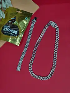 NVR Men Silver-Plated Stainless Steel AD Choker Chain & Link Bracelet with Chocolate
