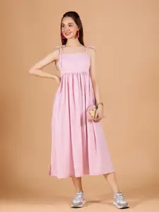 DressBerry Womens Baby Pink Checkered Poly Rayon Calf Length Dress