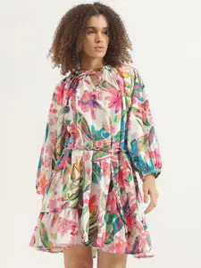 United Colors of Benetton Floral Print Tie-Up Neck Fit & Flare Dress
