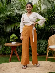 NANGALIA RUCHIRA Women Striped Off White Pure Cotton Top Culottes Co-Ords Set