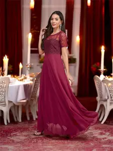 Miss Chase Lace Georgette Fit and Flare Maxi Dress