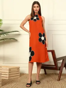 DEEBACO Floral Patch Halter Neck Cotton A-Line Dress