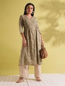 Globus V-Neck Allover Floral Print Front Slit Pleated A-Line Workwear Kurta