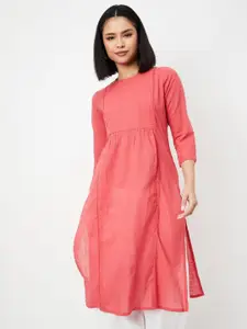 max Pleated Floral Yoke Design Round Neck Cotton Straight Kurta