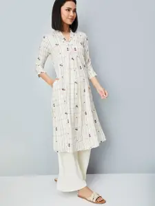 max Women Geometric Pritnted V-Neck Thread Work A-Line Kurtas