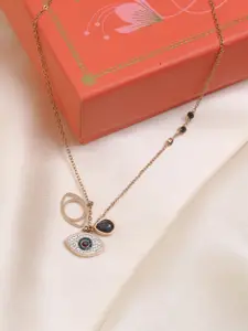 ARTKLIM Stainless Steel Gold-Plated Crystal Studded Evil Eye Quirky Shaped Pendant & Chain