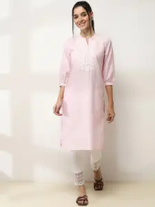 Rangriti Floral Embroidered Thread Work Mandarin Collar Cotton Straight Kurta