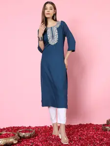 Anouk Rustic Blue Ethnic Motifs Embroidered Thread Work Round Neck Straight Kurta