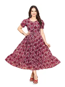 Anouk Floral Printed Puff Sleeve Georgette Fit and Flare Midi Dress