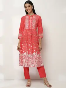 Rangriti Floral Printed Mandarin Collar Cotton Straight Kurta