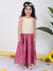 Sangria Girls Floral Printed Cotton Lehenga With Hakoba Top